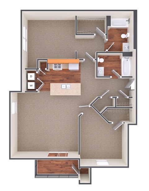 Floor plan for 2 beds, 2 baths, 1021 sqft